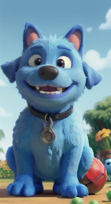  {Max carefully picking up the ball with his teeth without disturbing the flowers, The big blue dog is large with sky blue fur, big round eyes, a black nose, and floppy ears.