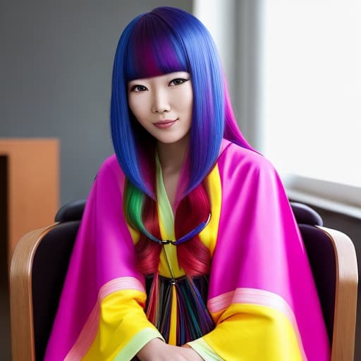  Asian Woman with a colorful salon cape on sitting in a chair facing the camera hair down multi colored hair