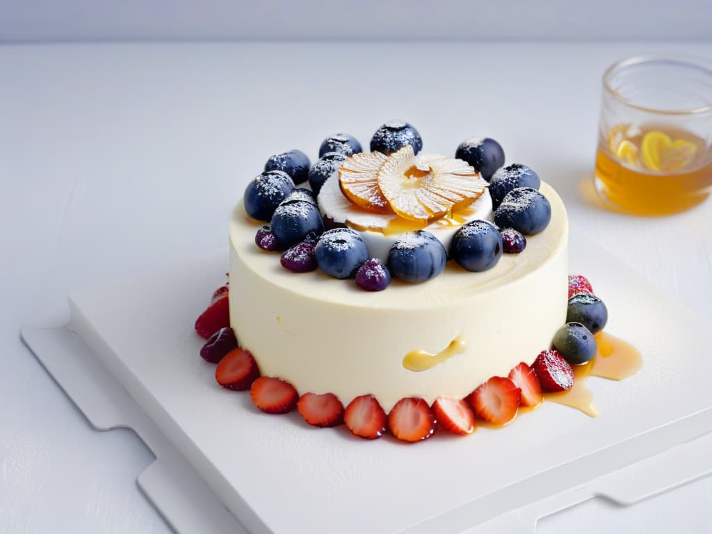  An 8k ultradetailed image of a beautifully plated gourmet healthy cheesecake, featuring layers of creamy Greek yogurt mixed with honey, topped with fresh berries and a drizzle of pure honey, all set on a sleek, white minimalistic plate against a soft, blurred background to highlight the elegance and simplicity of the dessert. hyperrealistic, full body, detailed clothing, highly detailed, cinematic lighting, stunningly beautiful, intricate, sharp focus, f/1. 8, 85mm, (centered image composition), (professionally color graded), ((bright soft diffused light)), volumetric fog, trending on instagram, trending on tumblr, HDR 4K, 8K