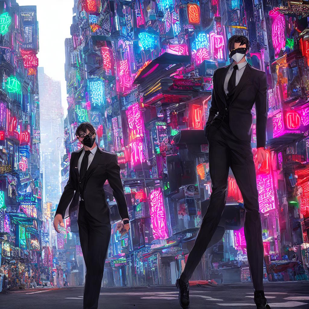  Create a masterpiece in the best quality, 8k, high detailed, and ultra-detailed. The main subject of the scene is a man wearing the Mujura Mask in a stylish men's fashion setting. The elements of the scene include the man ((wearing a black suit)) with the mask, surrounded by ((colorful neon lights)), (a crowded city street) in the background, and (a graffiti-covered wall) nearby. The lighting should be vibrant and dynamic, with a mix of natural sunlight and the glow from the neon lights. hyperrealistic, full body, detailed clothing, highly detailed, cinematic lighting, stunningly beautiful, intricate, sharp focus, f/1. 8, 85mm, (centered image composition), (professionally color graded), ((bright soft diffused light)), volumetric fog, trending on instagram, trending on tumblr, HDR 4K, 8K