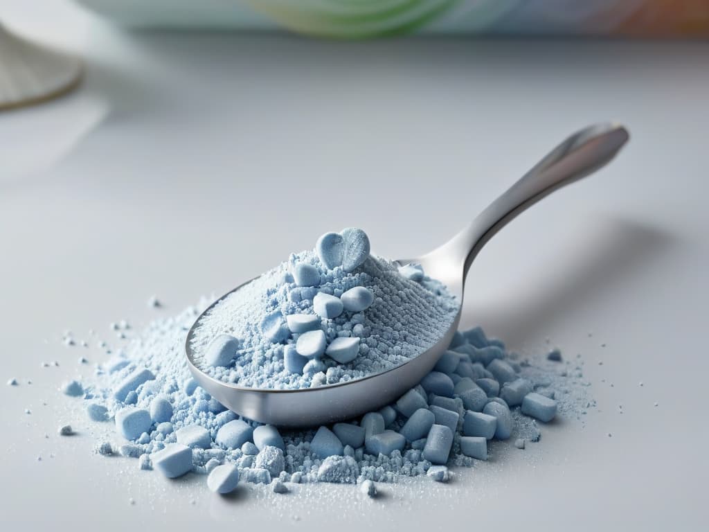  A closeup, ultradetailed image of a single eritritol crystal resting on a sleek, modern silver spoon against a soft, blurred background of a kitchen countertop. The crystal appears perfectly formed, reflecting the light to showcase its intricate geometric structure and transparent quality. The spoon's polished surface enhances the crystal's clarity, highlighting its purity and natural allure. The overall minimalist composition exudes elegance and sophistication, inviting viewers to appreciate the beauty and functionality of this lowcalorie sweetener. hyperrealistic, full body, detailed clothing, highly detailed, cinematic lighting, stunningly beautiful, intricate, sharp focus, f/1. 8, 85mm, (centered image composition), (professionally color graded), ((bright soft diffused light)), volumetric fog, trending on instagram, trending on tumblr, HDR 4K, 8K