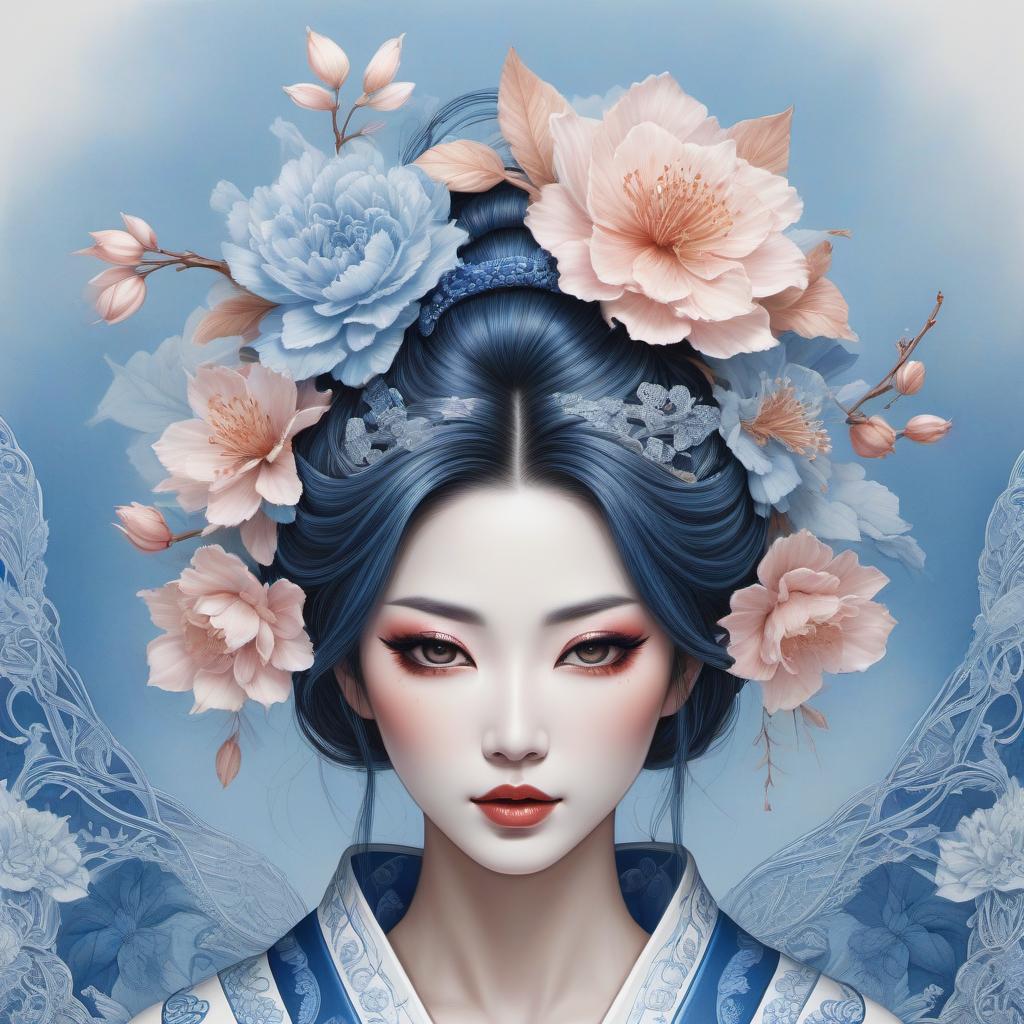  line art drawing Envision a portrait of a Japanese geisha, her countenance tinged with sorrow as a single tear trails from her eye. Her abundant hair frames a face with lips painted a soft blue, while her attire is a complex array of traditional garments. The portrait, reminiscent of Anne Stokes' work, is rendered in a whimsical Zentangle style, boasting an intricate cyanotype design that seems to lift from the canvas in a 3D embossed effect. The color palette is a harmonious blend of delft blue and white, enriched with subtle touches of ginger brown and light pink. This piece is a fantasy encapsulated in an 8k resolution masterpiece, a high definition pencil sketch that transitions into line art with pen and ink filigree. The backdrop is a hyperrealistic, full body, detailed clothing, highly detailed, cinematic lighting, stunningly beautiful, intricate, sharp focus, f/1. 8, 85mm, (centered image composition), (professionally color graded), ((bright soft diffused light)), volumetric fog, trending on instagram, trending on tumblr, HDR 4K, 8K