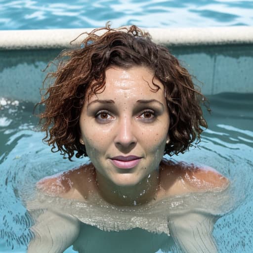  tanned woman's face with short and curly hair is in the water she's panic she's sinking and drowning