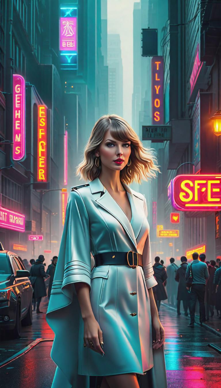  Cyberpunk style depiction of Taylor Swift as a pastor . The scene is set in a world where technology has advanced, but society and human conditions have not, creating a gritty, dystopian atmosphere. hyperrealistic, full body, detailed clothing, highly detailed, cinematic lighting, stunningly beautiful, intricate, sharp focus, f/1. 8, 85mm, (centered image composition), (professionally color graded), ((bright soft diffused light)), volumetric fog, trending on instagram, trending on tumblr, HDR 4K, 8K