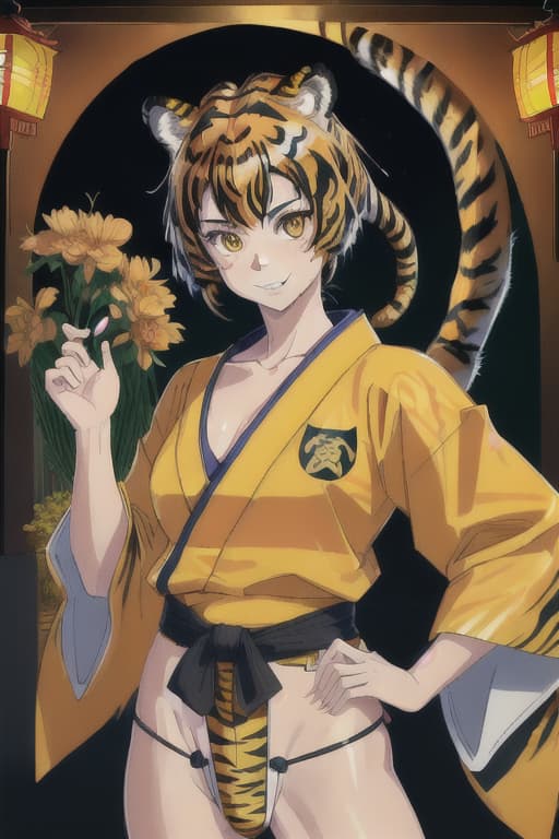  1.5, (Masterpiece, Best Quality), Absurd Detailed, Raw Realistic, (Super Fine Shiny Face), 8k, ((Tiger-Stripes Pattern Kimono, Short Hem, Tiger Ears, Tiger Ears, TIGER EARS ER GIRL, CAT HANDS, Tiger Tail), Raw Photo Realistic shiny hair, grin, &, ((fundoshi)), ((Tiger-Stripes Pattern Tattoo on the Body)), Look Back, Cat's Paw, Dynami c Pose, shrine, Twilight Lighting, Put a shit on)))