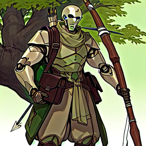  nature background warforged, his body fully is a tree body robot, behind him it's a large satchel bag, he holding a longbow in his hand, in large satchel bag is arrow, he wereing ranger clothes.