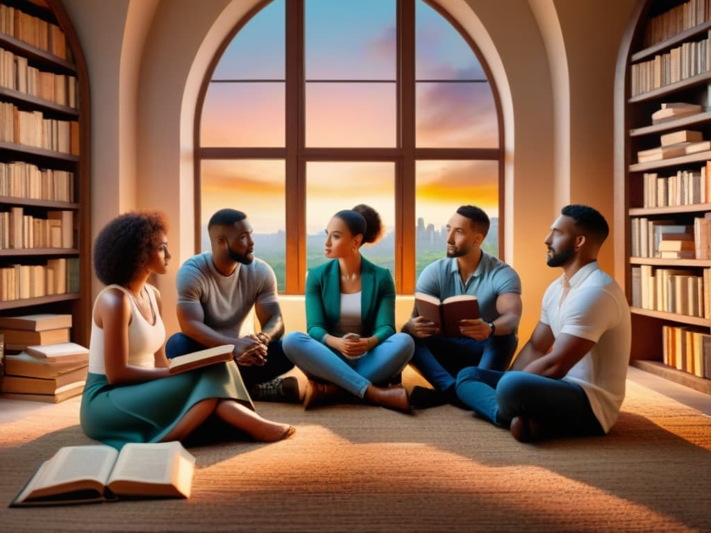  A photorealistic image of a diverse group of people from different cultures and backgrounds sitting in a circle, engaged in deep conversation while surrounded by stacks of old, weathered books and documents. The setting is a cozy, warmly lit room with large windows showing a beautiful sunset outside, symbolizing collaboration, knowledge sharing, and overcoming language barriers. hyperrealistic, full body, detailed clothing, highly detailed, cinematic lighting, stunningly beautiful, intricate, sharp focus, f/1. 8, 85mm, (centered image composition), (professionally color graded), ((bright soft diffused light)), volumetric fog, trending on instagram, trending on tumblr, HDR 4K, 8K