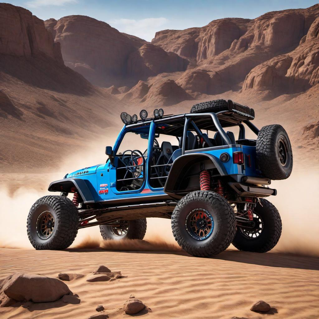  a 4400 class Ultra 4 racing vehicle that resembles a modified Jeep CJ7. The car should have no front fenders, a 117 inch wheelbase, and be equipped with 40 inch tires mounted on coilovers. The design should reflect a vehicle capable of racing in the unlimited class at King of the Hammers in 2024. It must have a robust off-road racing look, with features such as a heavy-duty roll cage and high-performance suspension clearly visible. The paint scheme should be inspired by Richard Petty's classic blue and orange colors but adapted to suit the aggressive and rugged nature of this desert racing Jeep. hyperrealistic, full body, detailed clothing, highly detailed, cinematic lighting, stunningly beautiful, intricate, sharp focus, f/1. 8, 85mm, (centered image composition), (professionally color graded), ((bright soft diffused light)), volumetric fog, trending on instagram, trending on tumblr, HDR 4K, 8K