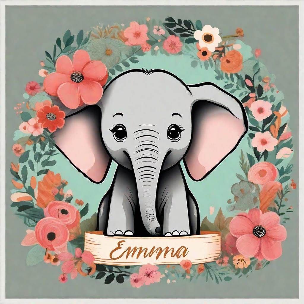  masterpiece, best quality, Little baby elephant with flower wreath and the name Emma in script above ir