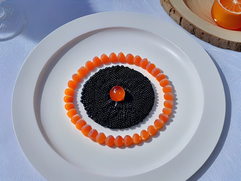  A closeup, highresolution image of a sleek, white dessert plate elegantly adorned with vibrant, jeweltoned fruit caviar pearls arranged in a perfect circle, glistening under soft, natural light. The caviar beads vary in color from deep purple to bright orange, resembling precious gemstones, set against a backdrop of smooth, matte black table. The presentation exudes sophistication and luxury, highlighting the innovative and exclusive nature of fruit caviar desserts. hyperrealistic, full body, detailed clothing, highly detailed, cinematic lighting, stunningly beautiful, intricate, sharp focus, f/1. 8, 85mm, (centered image composition), (professionally color graded), ((bright soft diffused light)), volumetric fog, trending on instagram, trending on tumblr, HDR 4K, 8K