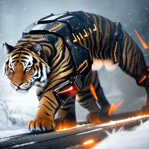  A robotic tiger with glowing eyes and metallic fur. hyperrealistic, full body, detailed clothing, highly detailed, cinematic lighting, stunningly beautiful, intricate, sharp focus, f/1. 8, 85mm, (centered image composition), (professionally color graded), ((bright soft diffused light)), volumetric fog, trending on instagram, trending on tumblr, HDR 4K, 8K