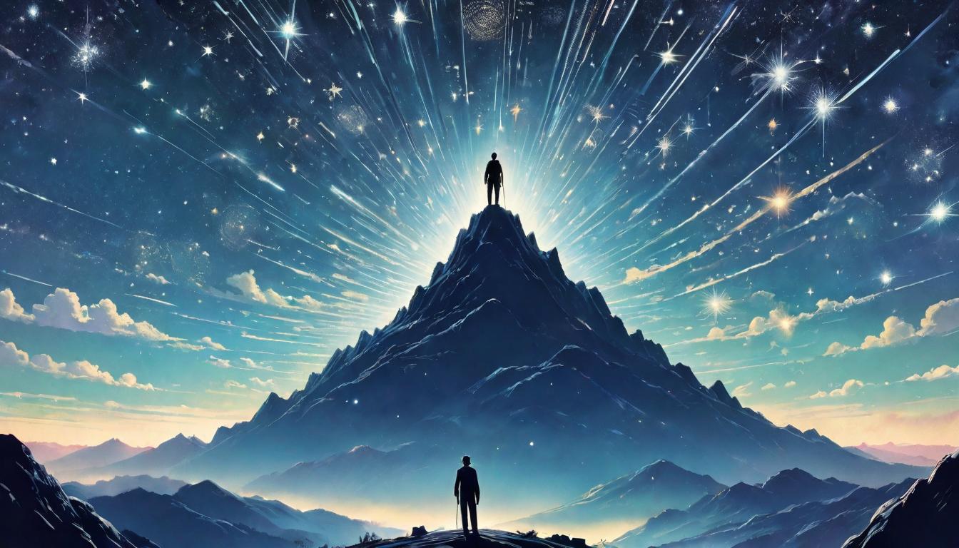  retro futuristic A silhouette of an individual standing atop a hill, gazing upward at a sky filled with stars, each star linked by thin lines of light resembling a cosmic map, silvery hue, sense of wonder, anticipation lvintage sci fi, 50s and 60s style, atomic age, vibrant, highly detailed