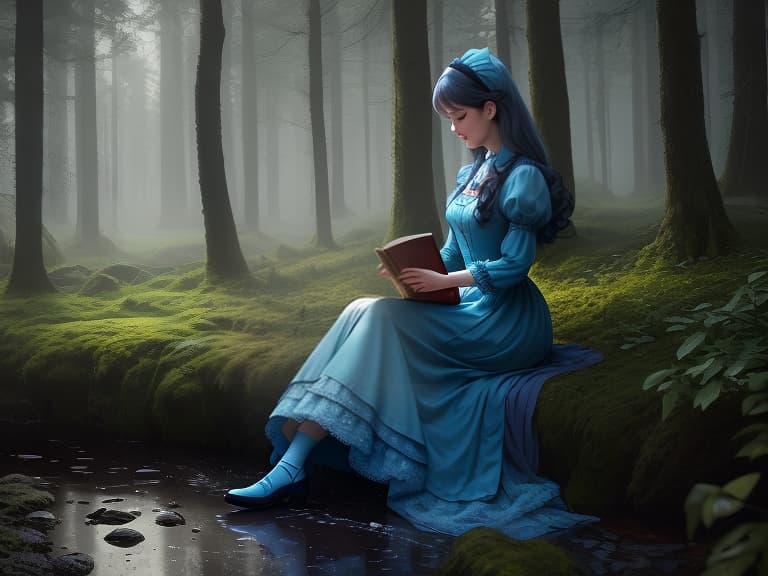  Fairytale young Alice in a blue dress with hair and a headband reads a book by a puddle near a beautiful forest., faded , vintage , nostalgic , by Jose Villa , Elizabeth Messina , Ryan Brenizer , Jonas Peterson , Jasmine Star hyperrealistic, full body, detailed clothing, highly detailed, cinematic lighting, stunningly beautiful, intricate, sharp focus, f/1. 8, 85mm, (centered image composition), (professionally color graded), ((bright soft diffused light)), volumetric fog, trending on instagram, trending on tumblr, HDR 4K, 8K