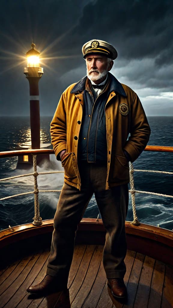  (A weathered, old map clutched in the hands of the lighthouse keeper, Mr. Hawthorn, as he stands on the deck of a small sailing ship, the stormy sea and dark night sky surrounding him. The lighthouse's beam of light can be seen in the distance, casting a golden glow across the waves.) hyperrealistic, full body, detailed clothing, highly detailed, cinematic lighting, stunningly beautiful, intricate, sharp focus, f/1. 8, 85mm, (centered image composition), (professionally color graded), ((bright soft diffused light)), volumetric fog, trending on instagram, trending on tumblr, HDR 4K, 8K