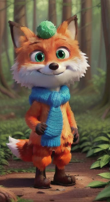  {Error the fox looking at a shiny, blue button on the forest floor, surrounded by tall trees and bushes., Error is a small, bright orange fox with a fluffy tail and big, inquisitive eyes. He has a mischievous yet kind expression and wears a tiny green scarf.