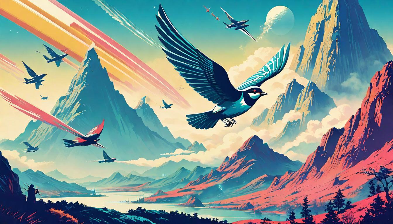  retro futuristic A single bird flying away from a flock towards a distant mountain. Individual path, break from conformity, aspirational flight, freedom from mundane conversations lvintage sci fi, 50s and 60s style, atomic age, vibrant, highly detailed