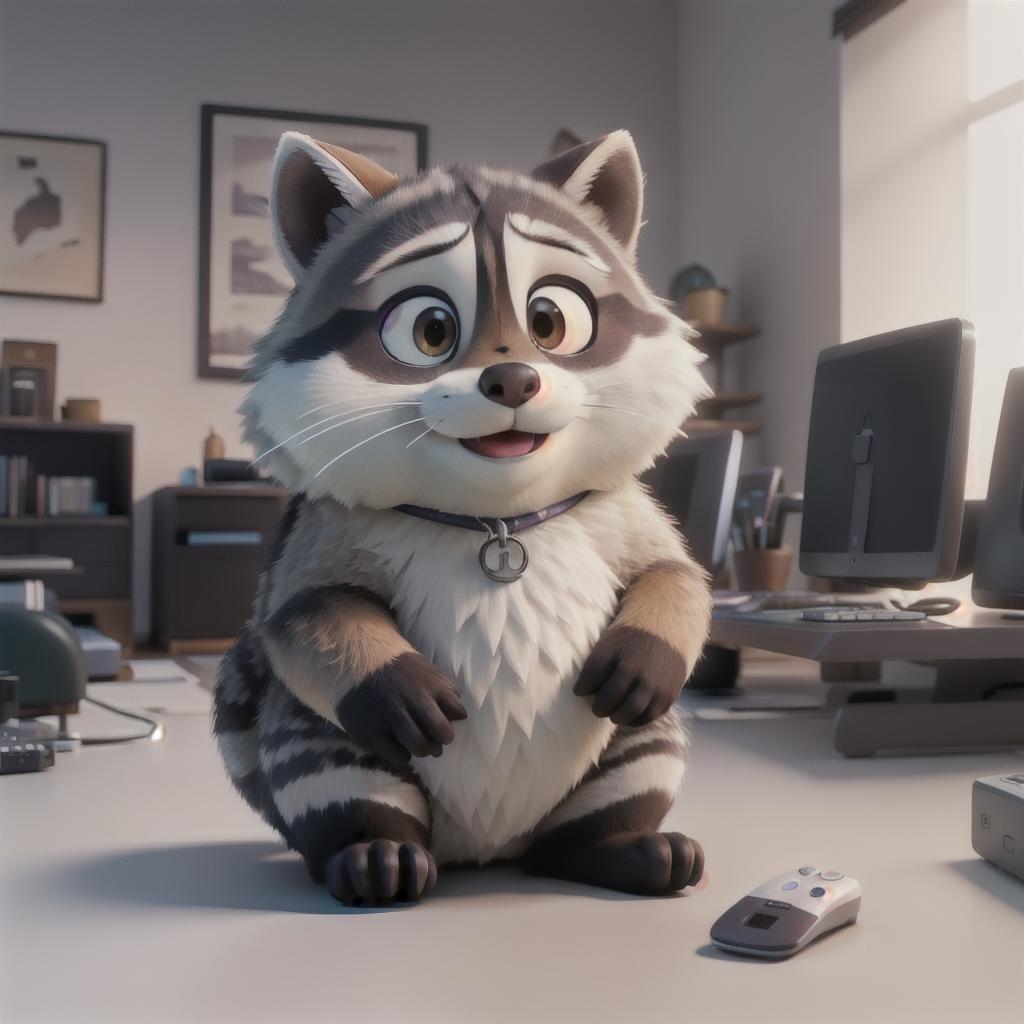  raccoon sitting in gaming chair front a computer on desktop, ((semi anthropomorphic)),(full body), tail, belly, sitting, fat, (chubby), (((white background))), solo, desktop, gaming chair, side view,  [[[clothes]]] hyperrealistic, full body, detailed clothing, highly detailed, cinematic lighting, stunningly beautiful, intricate, sharp focus, f/1. 8, 85mm, (centered image composition), (professionally color graded), ((bright soft diffused light)), volumetric fog, trending on instagram, trending on tumblr, HDR 4K, 8K