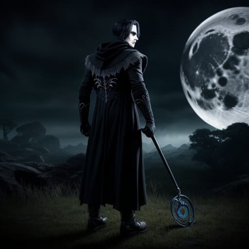  a full body photo shot of a scary and breathtaking image of a ((Man)) wearing a fully clothed casual witchy witch clothes with intricate details in the style of a reapers cloak, he is holding a long curved double edged ((scythe)). This full body image is a one of a kind unique highly detailed with 8k sharp focus quality masterpiece, horror theme, nightmare, ultra detailed, hyper focus, unreal engine, masterpiece, high rez, creepy, massive gore, massive blood, magically fused being, night sky with moon in the background , style of Tim Burton, stop motion animation, depth of field, cinematic composition, supernatural appearance, death like appearance, artistically drawn background, artistically drawn body, artistically drawn face, artisticall