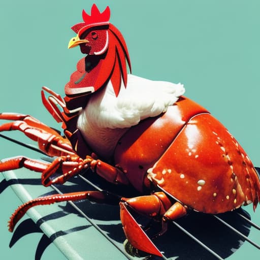  a chicken on top of a huge lobster