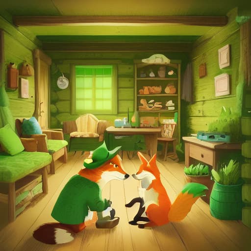  inside of cabin, a fox with green hat and green shirt, and a boy