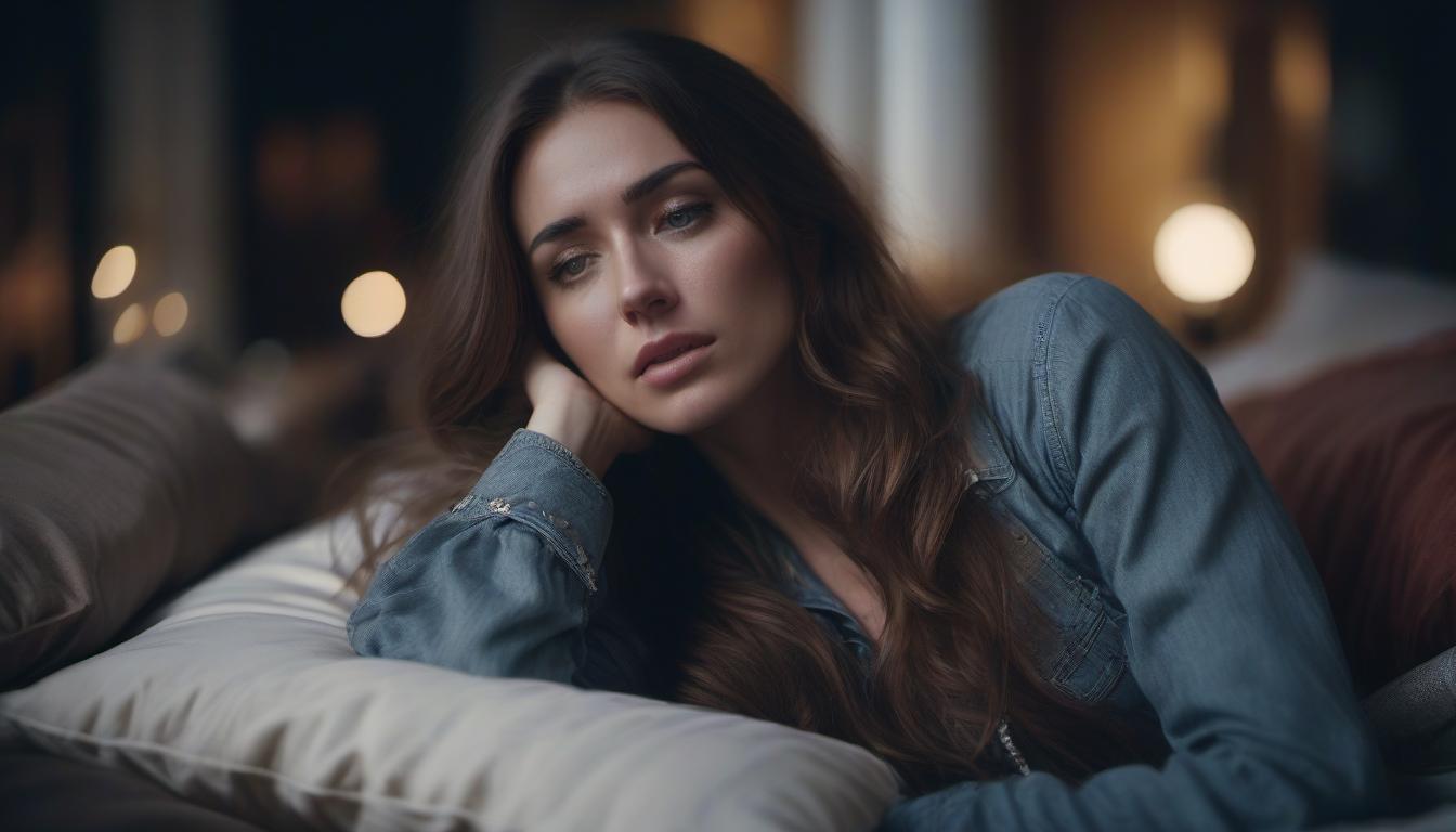  cinematic photo A long haired girl is lying on a pillow with tears. . 35mm photograph, film, bokeh, professional, 4k, highly detailed hyperrealistic, full body, detailed clothing, highly detailed, cinematic lighting, stunningly beautiful, intricate, sharp focus, f/1. 8, 85mm, (centered image composition), (professionally color graded), ((bright soft diffused light)), volumetric fog, trending on instagram, trending on tumblr, HDR 4K, 8K