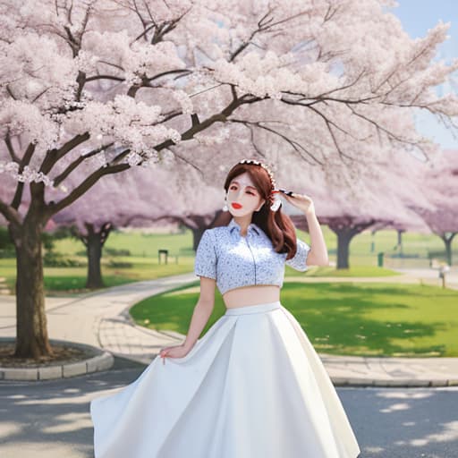  A young beauty smoking a cigarette and wearing a beautiful white skirt stood under a cherry tree.