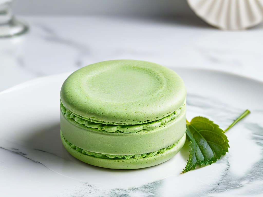  A highresolution, ultradetailed image of a delicate green matchainfused macaron placed on a pristine white marble countertop. The macaron is perfectly crafted, showcasing a smooth surface and a light dusting of vibrant matcha powder on top, with a slight sheen reflecting the surrounding light. The background is softly blurred, emphasizing the elegant simplicity of the dessert, while a subtle shadow adds depth and dimension to the composition. This image exudes sophistication and captures the essence of using matcha in healthy dessert recipes. hyperrealistic, full body, detailed clothing, highly detailed, cinematic lighting, stunningly beautiful, intricate, sharp focus, f/1. 8, 85mm, (centered image composition), (professionally color graded), ((bright soft diffused light)), volumetric fog, trending on instagram, trending on tumblr, HDR 4K, 8K