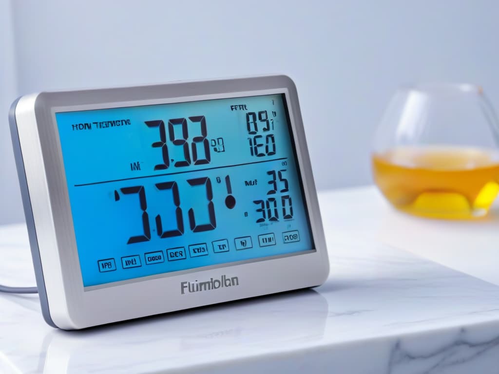  An 8k ultradetailed image of a sleek, modern digital thermometer with a large, easytoread display screen, showcasing precise millimeter measurements. The thermometer is placed on a clean, white marble countertop, with soft, diffused natural light illuminating the scene. The focus is on the intricate details of the thermometer's design, highlighting its professional and precise features in a minimalist aesthetic. hyperrealistic, full body, detailed clothing, highly detailed, cinematic lighting, stunningly beautiful, intricate, sharp focus, f/1. 8, 85mm, (centered image composition), (professionally color graded), ((bright soft diffused light)), volumetric fog, trending on instagram, trending on tumblr, HDR 4K, 8K