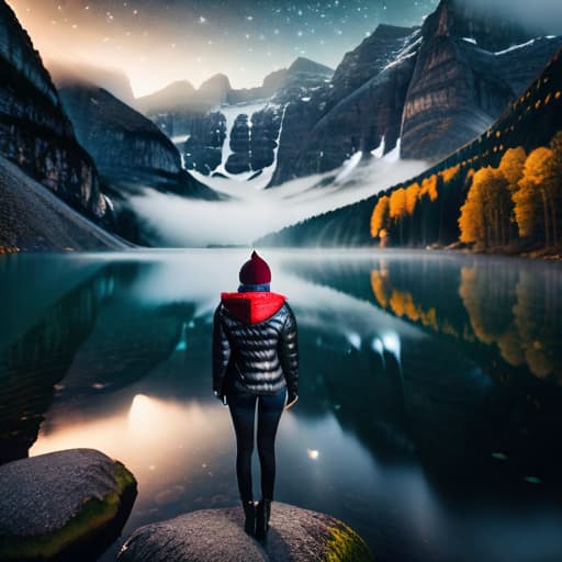  Lake full of stars , high quality, high resolution hyperrealistic, full body, detailed clothing, highly detailed, cinematic lighting, stunningly beautiful, intricate, sharp focus, f/1. 8, 85mm, (centered image composition), (professionally color graded), ((bright soft diffused light)), volumetric fog, trending on instagram, trending on tumblr, HDR 4K, 8K
