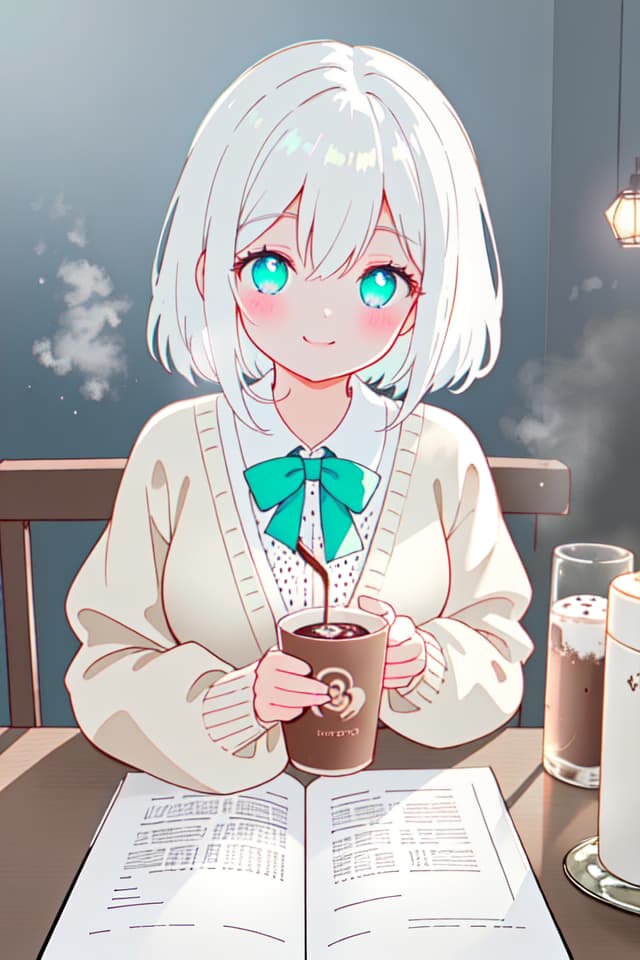  ((masterpiece)),((highest quality 16k)),((ephemeral)),((detailed and delicate)),white hair,cardigan,sitting,cafe,((drinking hot chocolate)),upper body,close view,cute,happy smile,NEON COLOR,LOFI COLOR,glowify hyperrealistic, full body, detailed clothing, highly detailed, cinematic lighting, stunningly beautiful, intricate, sharp focus, f/1. 8, 85mm, (centered image composition), (professionally color graded), ((bright soft diffused light)), volumetric fog, trending on instagram, trending on tumblr, HDR 4K, 8K