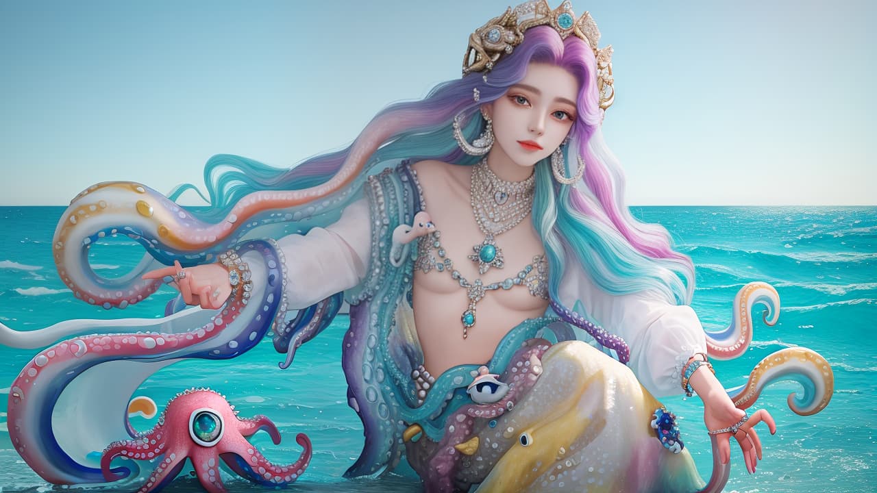  masterpiece, best quality, woman dripping with colors with diamond hair and covered in jewelry. set in a seascape with miniature octopus and cuttlefish