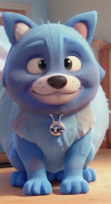  {Max snuggled up in his comfy dog bed inside the house, fast asleep, The big blue dog is large with sky blue fur, big round eyes, a black nose, and floppy ears.