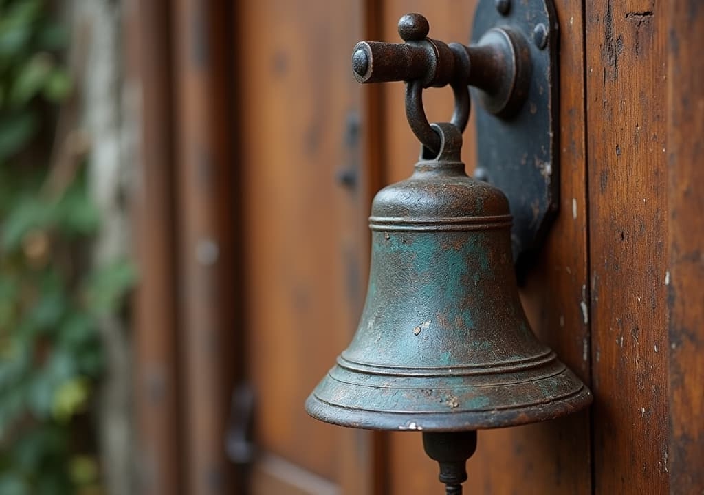  good quality, high quality, old rusty metal bell hanging on wooden door