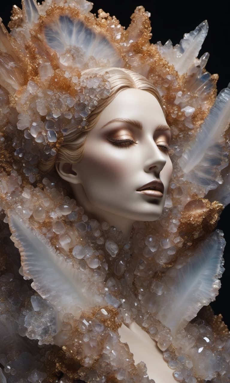  (photorealistic, surrealism: 1.2), stunning sculpture of an abstract female face created from an agate geode, dreamlike and ethereal atmosphere, intricate details of the crystalline structure that captures the natural beauty of the agate, soft hues blending with realistic skin tones, surreal and mystical interpretation of the human form, a dynamic play of light that highlights the edges of the geode, creating a mesmerizing and enchanting work of art that evokes a sense of wonder and otherworldly beauty. hyperrealistic, full body, detailed clothing, highly detailed, cinematic lighting, stunningly beautiful, intricate, sharp focus, f/1. 8, 85mm, (centered image composition), (professionally color graded), ((bright soft diffused light)), volumetric fog, trending on instagram, trending on tumblr, HDR 4K, 8K