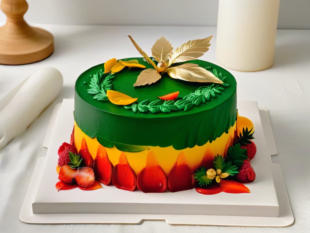  A minimalist image of a beautifully decorated cake adorned with intricate designs created using natural edible paints in vibrant colors like deep red, forest green, and golden yellow. The cake is elegantly placed on a simple white platter, showcasing the artistic and creative possibilities of using natural edible paints in culinary creations. hyperrealistic, full body, detailed clothing, highly detailed, cinematic lighting, stunningly beautiful, intricate, sharp focus, f/1. 8, 85mm, (centered image composition), (professionally color graded), ((bright soft diffused light)), volumetric fog, trending on instagram, trending on tumblr, HDR 4K, 8K