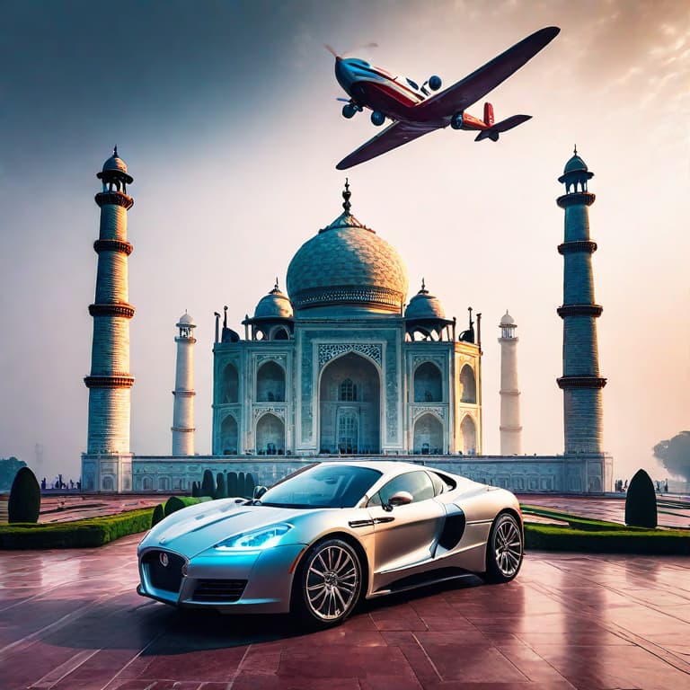  Show high skybscaraper with flying cars next to taj mahal hyperrealistic, full body, detailed clothing, highly detailed, cinematic lighting, stunningly beautiful, intricate, sharp focus, f\/1. 8, 85mm, (centered image composition), (professionally color graded), ((bright soft diffused light)), volumetric fog, trending on instagram, trending on tumblr, HDR 4K, 8K
