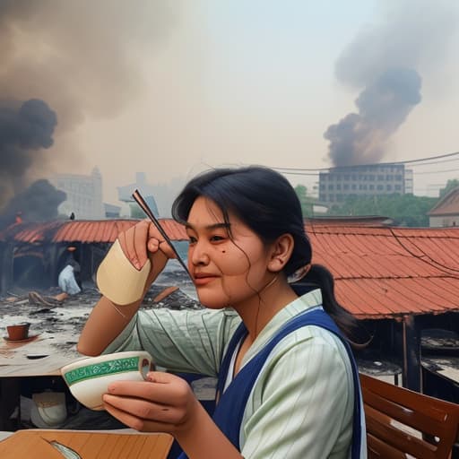  hand dipping currency note in tea cup and building burning in background