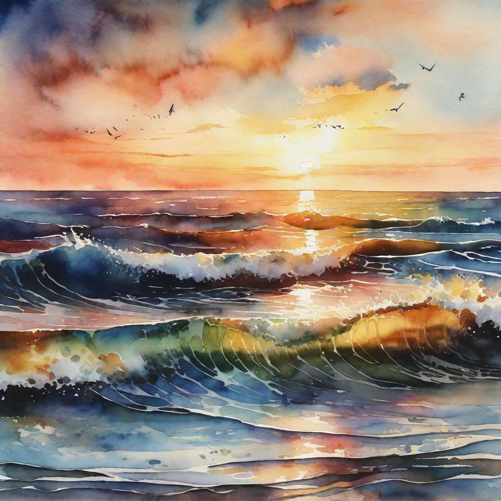  masterpiece, best quality, watercolor ocean sunset