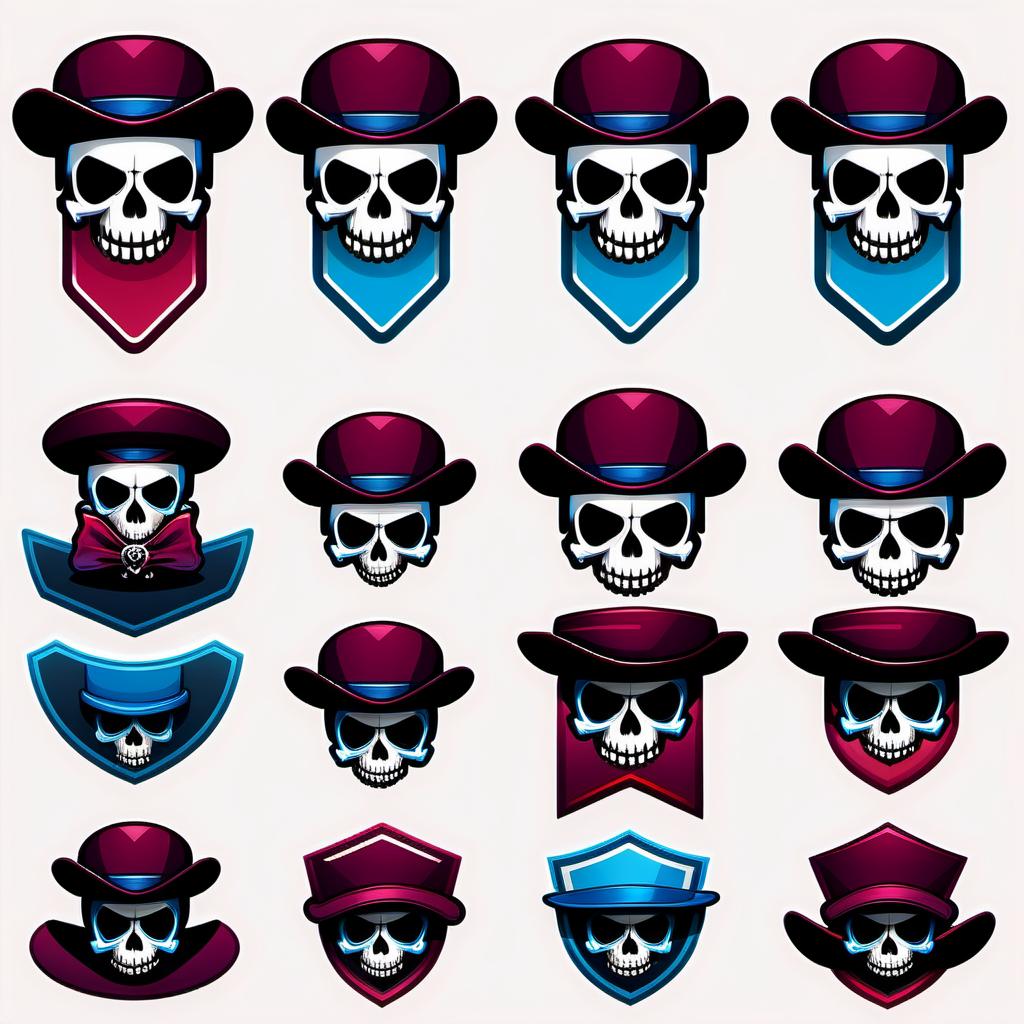  Icons and badges for Streamer level, skull in hat, stylish, burgundy and blue color.