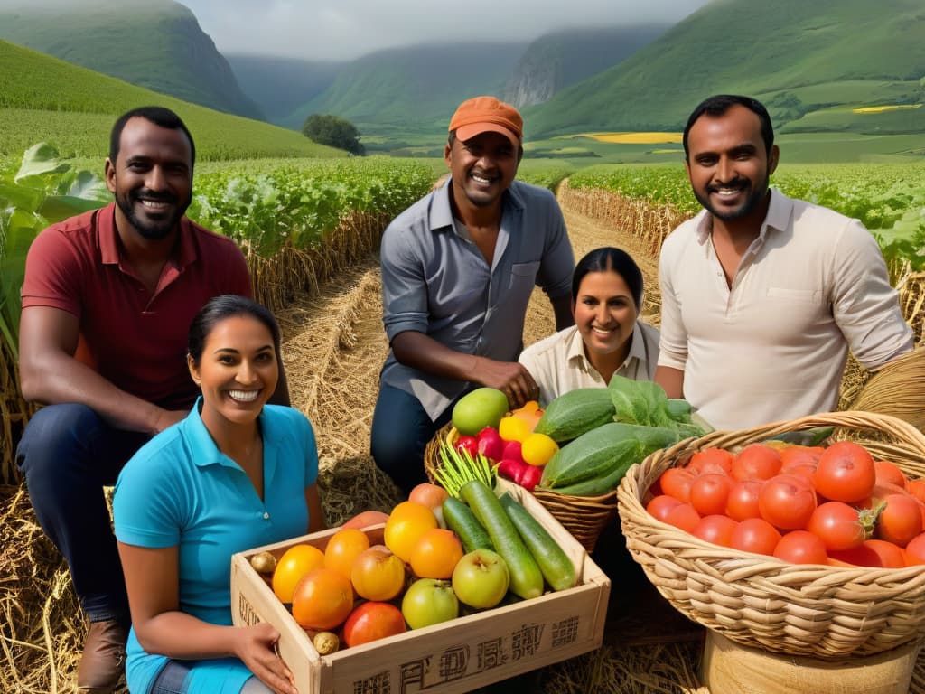  A vibrant and detailed closeup image of a group of smiling farmers from different backgrounds, standing in a sunlit field filled with colorful fruits and vegetables. Each farmer is proudly holding up their produce, showcasing the diversity and abundance of fair trade ingredients. The image captures the essence of community, sustainability, and the human connection behind fair trade practices. The intricate details of the fruits and vegetables, the textures of the farmers' clothing, and the warmth of the sunlight create a visually captivating and inspiring scene. hyperrealistic, full body, detailed clothing, highly detailed, cinematic lighting, stunningly beautiful, intricate, sharp focus, f/1. 8, 85mm, (centered image composition), (professionally color graded), ((bright soft diffused light)), volumetric fog, trending on instagram, trending on tumblr, HDR 4K, 8K