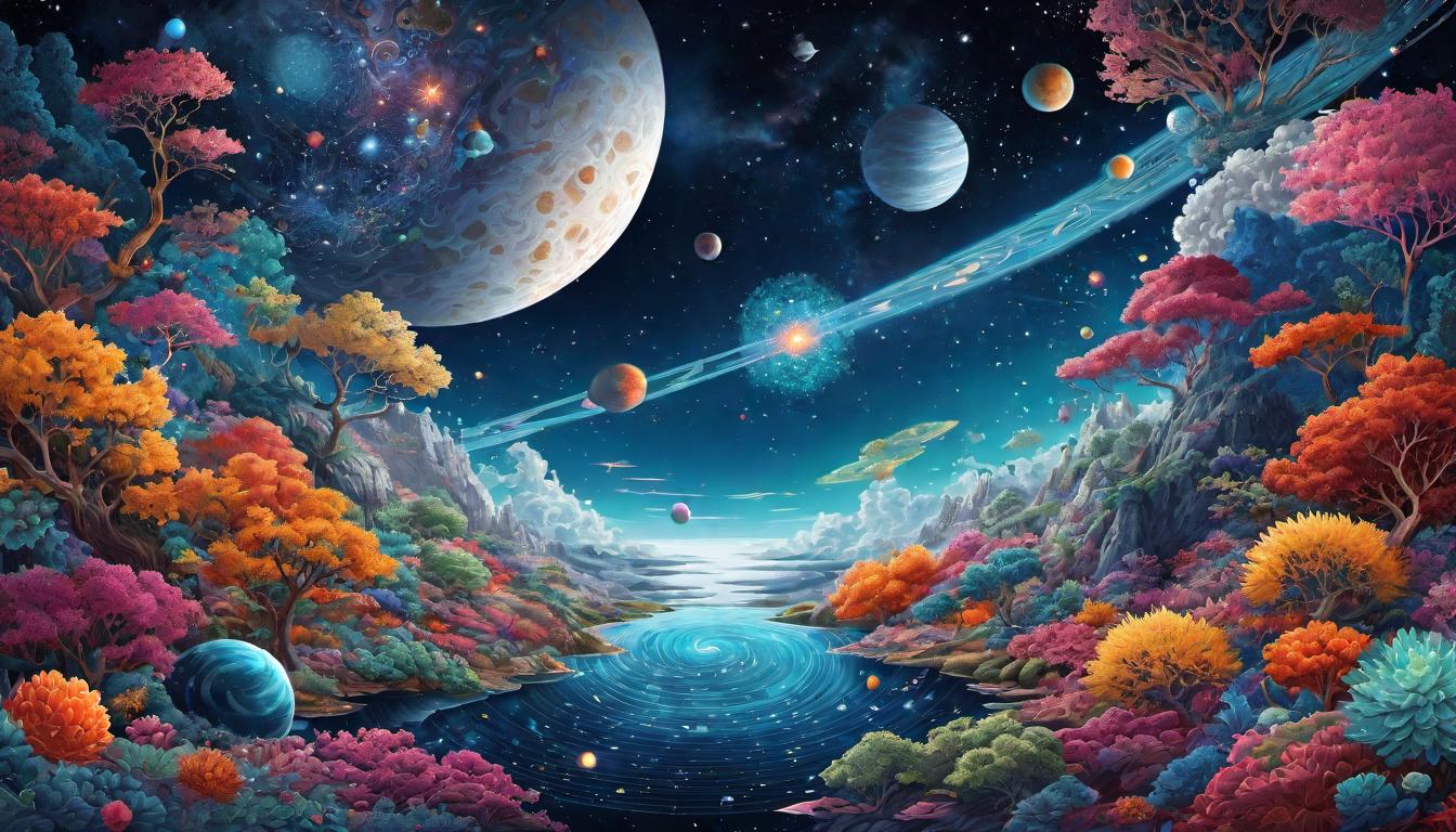  digital illustration, A cosmic tapestry showing the interconnectedness between microscopic elements and vast cosmic structures. Harmony between scales, cosmic and atomic dance, interconnected layers, unity of existence, looking at viewer, dynamic pose, (intricate details, masterpiece, best quality)