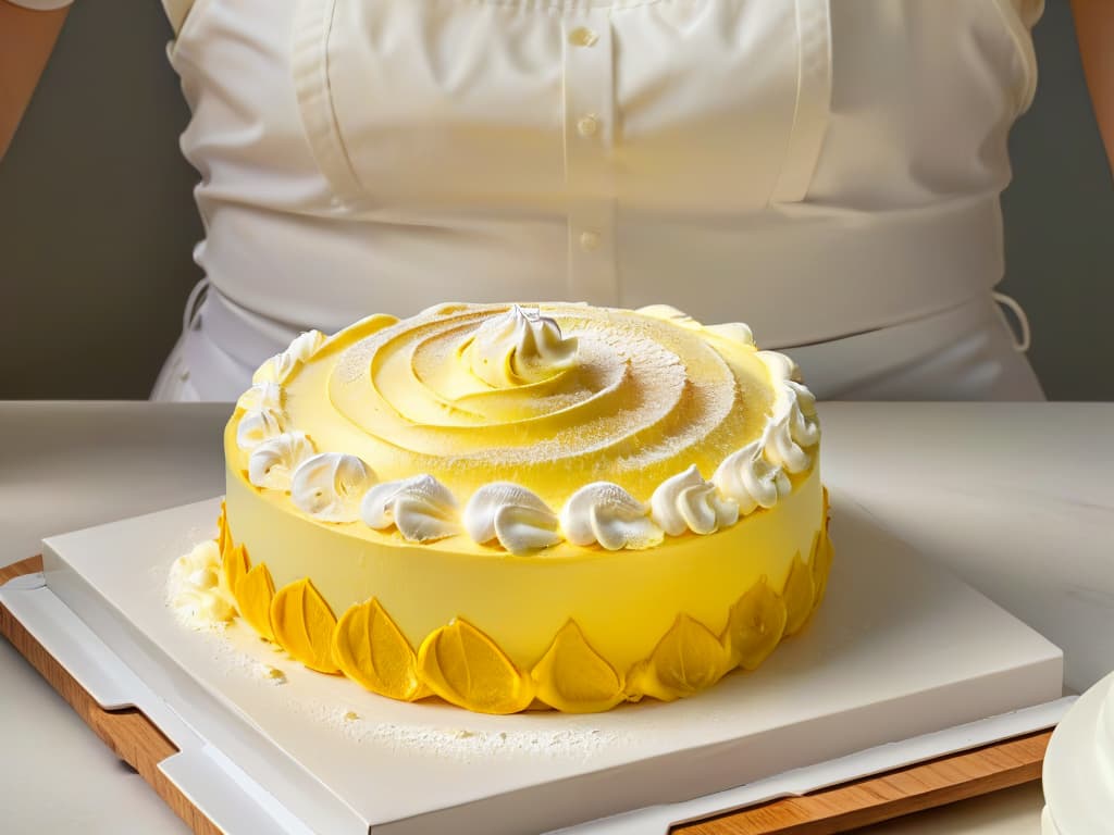  An ultradetailed image of a vegan baker meticulously piping a swirl of fluffy aquafaba meringue onto a perfectly golden and glossy vegan lemon meringue pie. The baker's hands are steady, showcasing a technique that achieves the ideal airy and cloudlike texture, with the backdrop of a sunlit kitchen adding a warm and inviting ambiance to the scene. The contrast between the vibrant yellow of the lemon filling, the stark white of the meringue, and the crisp brown crust creates a visually stunning composition that captures the essence of achieving perfect textures in vegan baking. hyperrealistic, full body, detailed clothing, highly detailed, cinematic lighting, stunningly beautiful, intricate, sharp focus, f/1. 8, 85mm, (centered image composition), (professionally color graded), ((bright soft diffused light)), volumetric fog, trending on instagram, trending on tumblr, HDR 4K, 8K