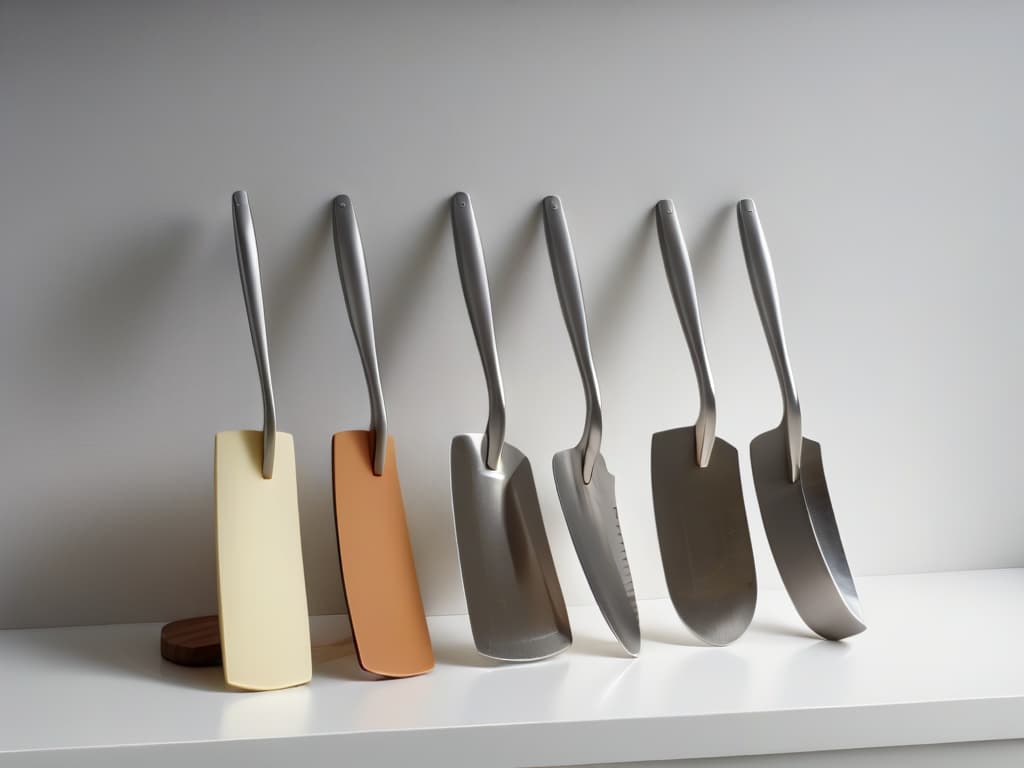  A closeup, photorealistic image of a sleek, modern kitchen countertop elegantly arranged with an assortment of highquality, professional baking spatulas in various shapes and sizes. The spatulas, with ergonomic handles and precision edges, are displayed against a backdrop of soft, diffused lighting that highlights their impeccable craftsmanship and the promise of effortless precision in every baking task. hyperrealistic, full body, detailed clothing, highly detailed, cinematic lighting, stunningly beautiful, intricate, sharp focus, f/1. 8, 85mm, (centered image composition), (professionally color graded), ((bright soft diffused light)), volumetric fog, trending on instagram, trending on tumblr, HDR 4K, 8K