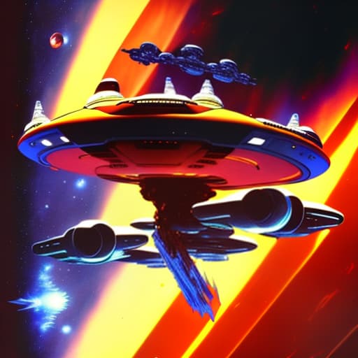 estilovintedois Star Trek type of spaceship orbiting a firey planet in space, USS Enterprise, Star Trek