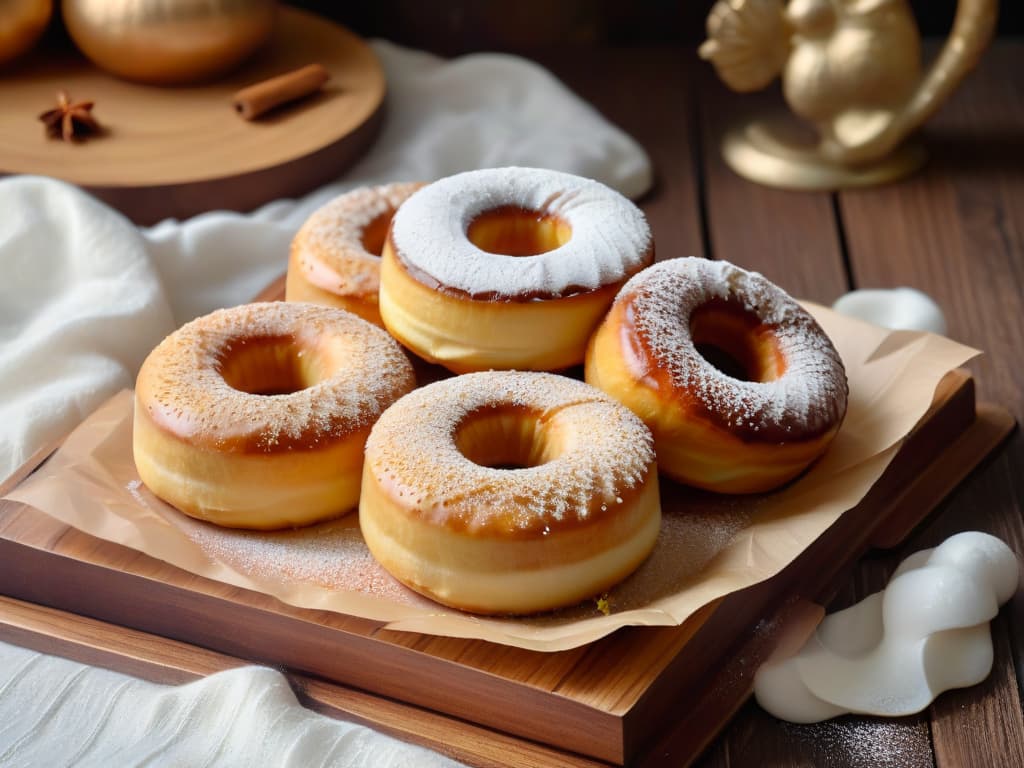  A closeup, ultradetailed image of freshly made Mandazi donuts, sprinkled with a delicate blend of cinnamon, cardamom, and nutmeg, resting on a rustic wooden table. The goldenbrown, slightly crispy exterior of the donuts contrasts beautifully with the soft, fluffy interior, while a light dusting of powdered sugar glistens under a soft warm light, highlighting the intricate textures and fragrant spices. The image captures the essence of these African delicacies, inviting the viewer to savor the exotic flavors and experience the cultural richness of Mandazi. hyperrealistic, full body, detailed clothing, highly detailed, cinematic lighting, stunningly beautiful, intricate, sharp focus, f/1. 8, 85mm, (centered image composition), (professionally color graded), ((bright soft diffused light)), volumetric fog, trending on instagram, trending on tumblr, HDR 4K, 8K