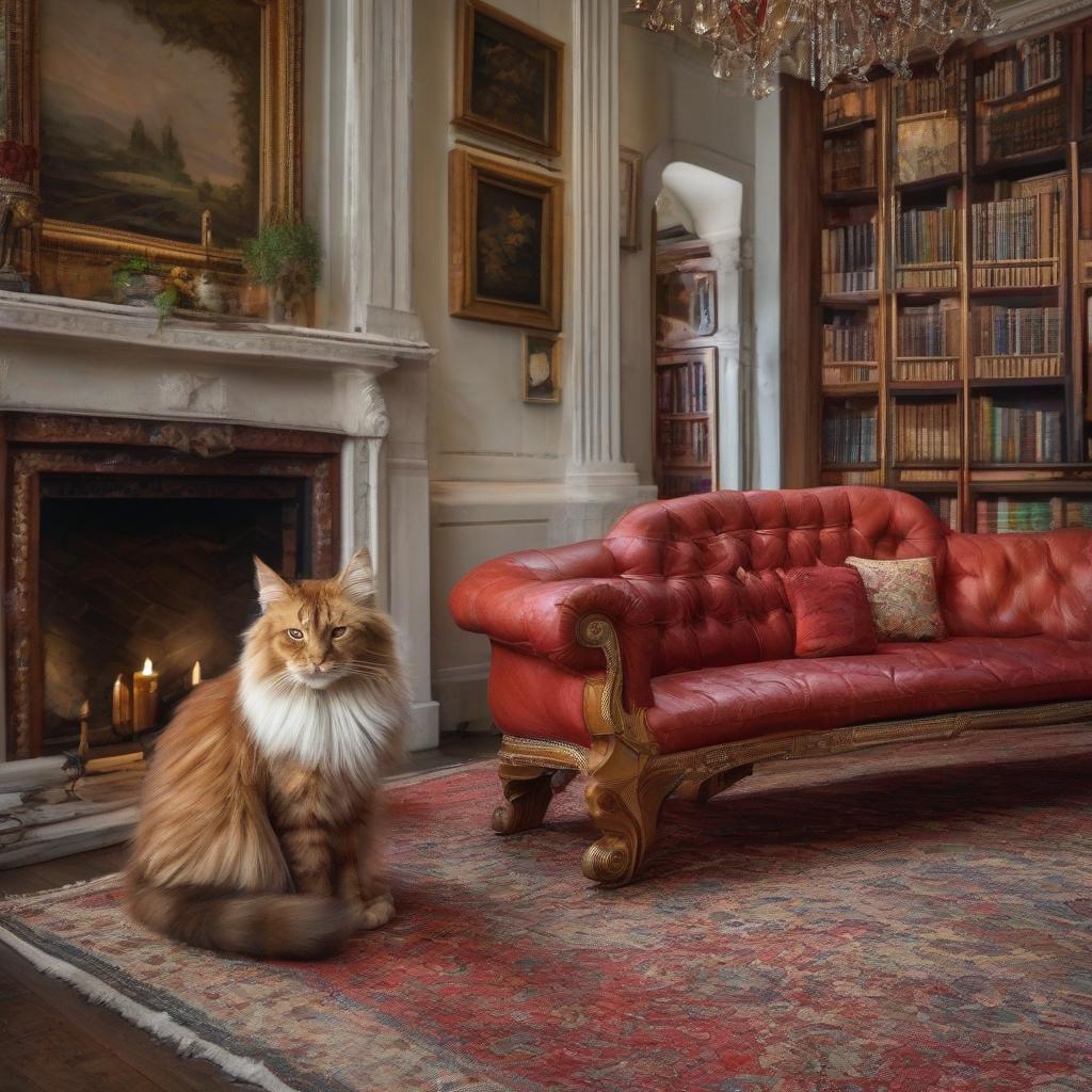  Painting, a beautiful (ginger cat of the Maine Coon breed) lies on (a beautiful red, leather sofa) in (an English study with a fireplace), with (a library), an oil painting, (in the impressionism style), in the style of Paul Cézanne, with high brushwork details. hyperrealistic, full body, detailed clothing, highly detailed, cinematic lighting, stunningly beautiful, intricate, sharp focus, f/1. 8, 85mm, (centered image composition), (professionally color graded), ((bright soft diffused light)), volumetric fog, trending on instagram, trending on tumblr, HDR 4K, 8K