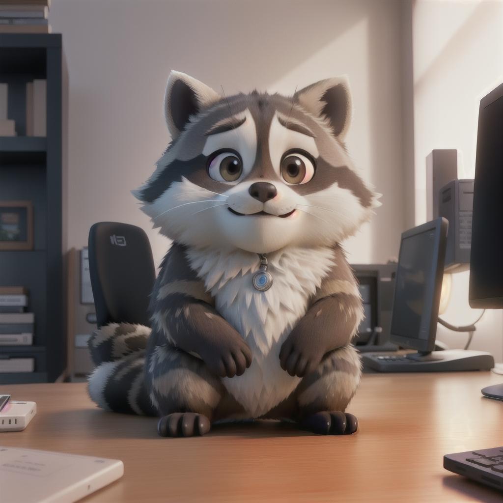  raccoon sitting in gaming chair front a computer on desktop, ((semi anthropomorphic)),(full body), tail, belly, sitting, fat, (chubby), (((white background))), solo, desktop, gaming chair, side view,  [[[clothes]]] hyperrealistic, full body, detailed clothing, highly detailed, cinematic lighting, stunningly beautiful, intricate, sharp focus, f/1. 8, 85mm, (centered image composition), (professionally color graded), ((bright soft diffused light)), volumetric fog, trending on instagram, trending on tumblr, HDR 4K, 8K