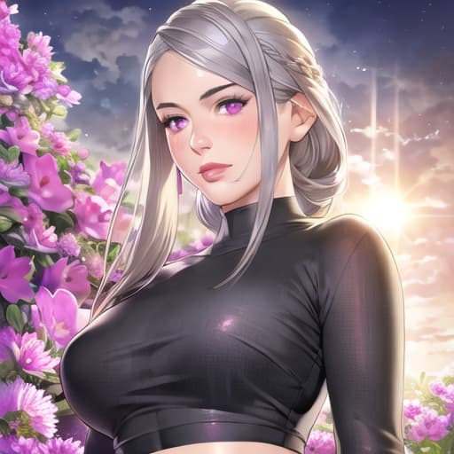  master piece , best quality,Realistic, 1 , grey hair, purple eyes, glowing eyes, crop top, , lips parted, blush, night, flowers, sun, sunlight,...