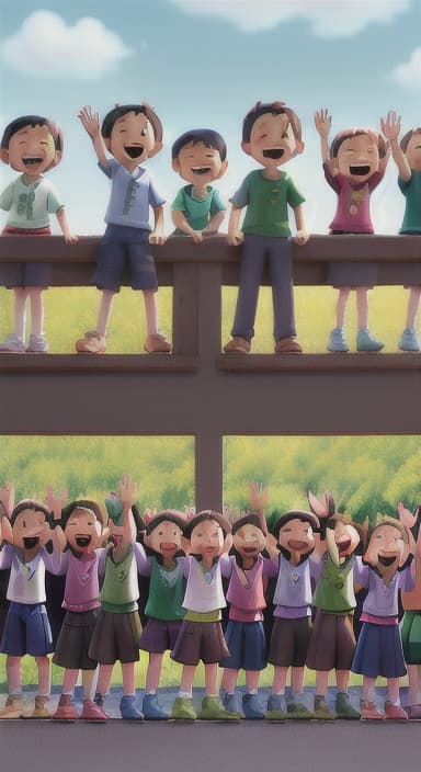  {A heartwarming scene of all the children waving goodbye with happy expressions., Children waving with wide smiles, looking grateful and content.