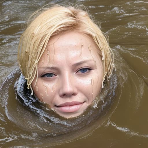  woman's face with blonde hair drowning in the river